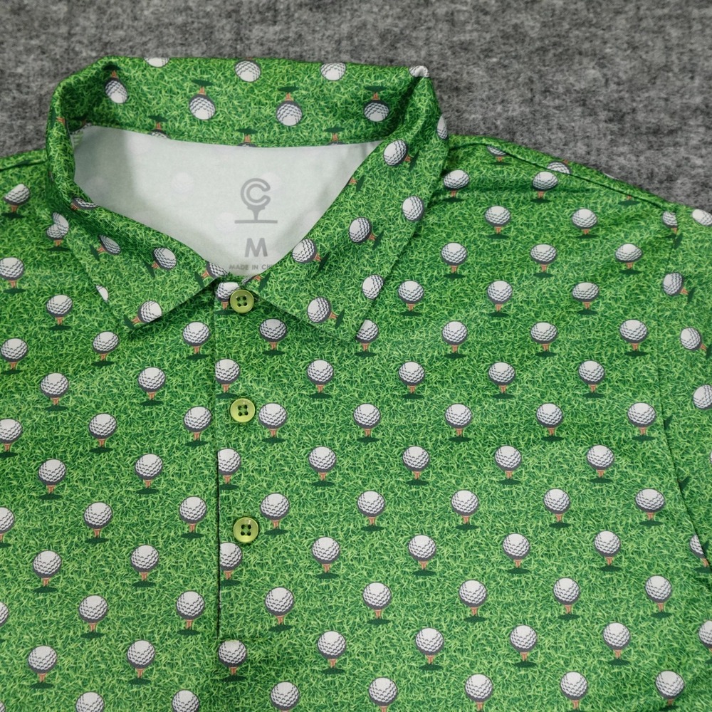 Caddy Cart Golf Polo Shirt Mens Medium Green Golf Ball Print Performance Stretch